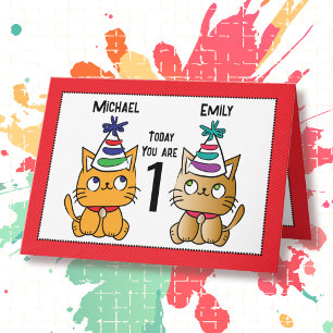 First Birthday Cute Cat Cartoon Twin Personalised Card