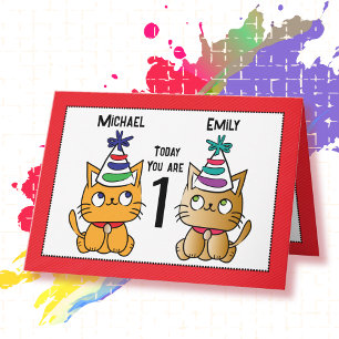 First Birthday Cute Cat Cartoon Twin Personalised  Card