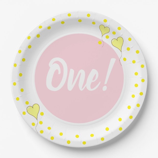 First Birthday Cute Confetti and Heart Balloons Paper Plate (Front)