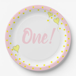First Birthday Cute Confetti and Heart Balloons Paper Plate