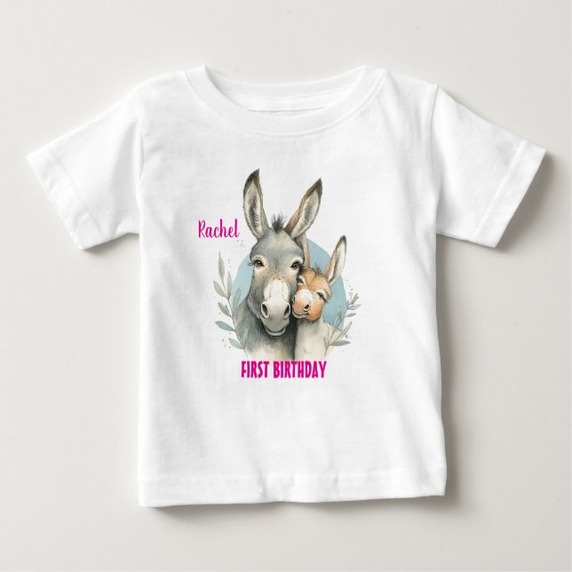 First Birthday Cute Donkeys Personalise Baby T-Shirt (Front)
