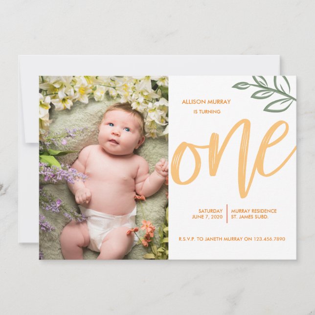 First Birthday Cute Doodle Paint Leaves Invitation (Front)