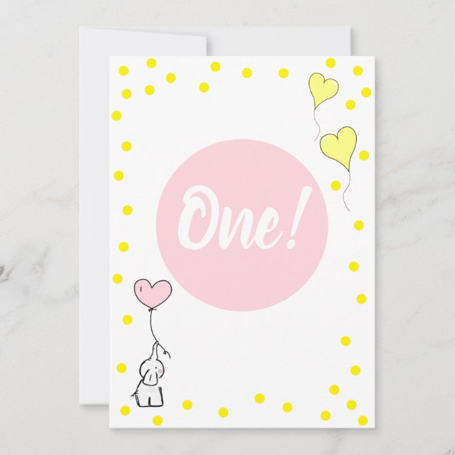 First Birthday Cute Elephant and Heart Balloons Invitation (Front)