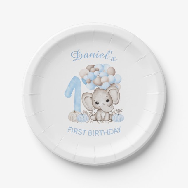 First Birthday Cute Elephant Fall Boy Paper Plates (Front)