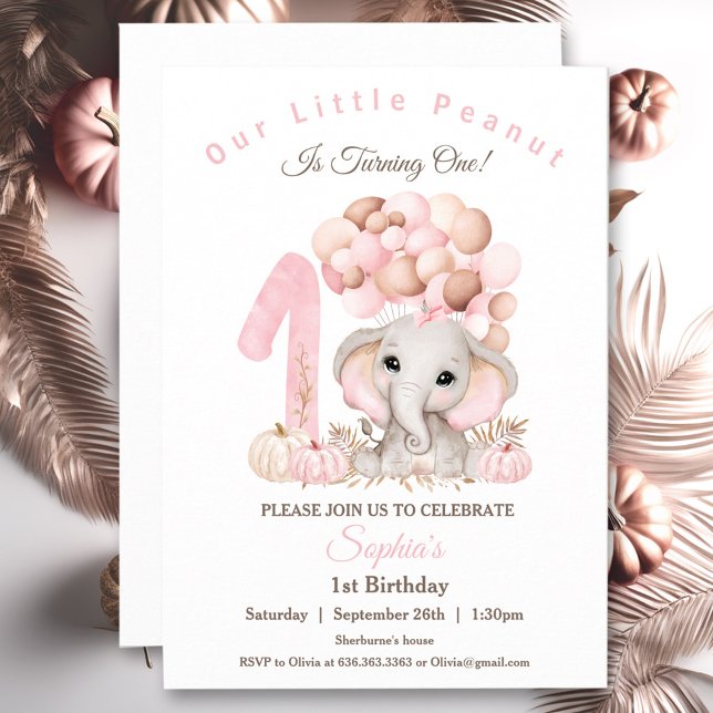 First Birthday Cute Elephant Fall Girl Invitation (First Birthday Cute Elephant Fall Girl Invitation)