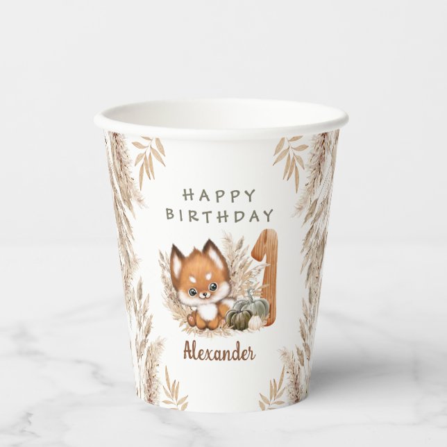 First Birthday Cute Fox Fall Boy Paper Cups (Front)