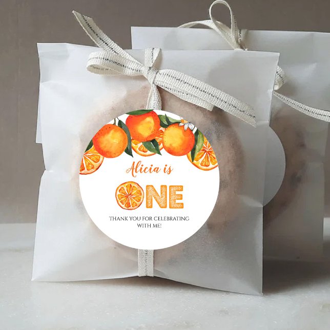 First Birthday Cute Orange Classic Round Sticker (Creator Uploaded)