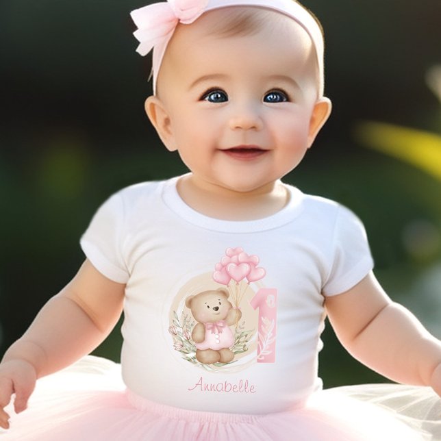 First Birthday Cute Teddy Bear & Heart Balloons Baby T-Shirt (First Birthday Cute Teddy Bear & Heart Balloons Baby T-Shirt)
