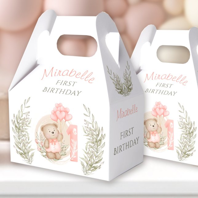 First Birthday Cute Teddy Bear Heart Balloons Favour Box (First Birthday Cute Teddy Bear Heart Balloons Favor Boxes)