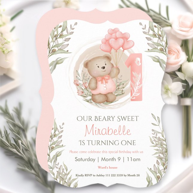 First Birthday Cute Teddy Bear Heart Balloons Invitation (First Birthday Cute Teddy Bear Heart Balloons Invitation)