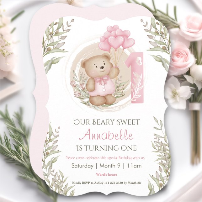 First Birthday Cute Teddy Bear Heart Balloons Invitation (First Birthday Cute Teddy Bear Heart Balloons Invitation)