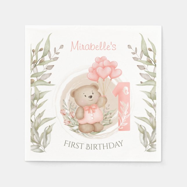 First Birthday Cute Teddy Bear Heart Balloons Napk Napkin (Front)