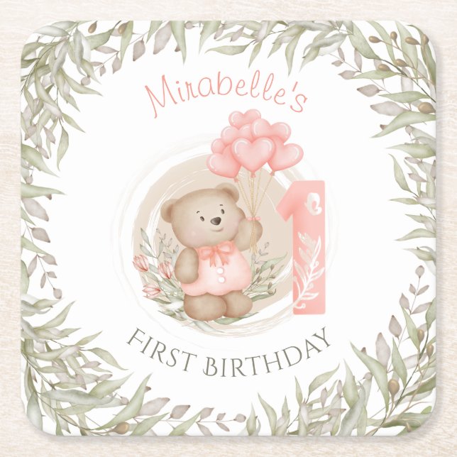 First Birthday Cute Teddy Bear Heart Balloons Square Paper Coaster (Front)