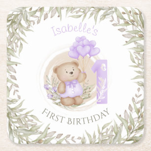First Birthday Cute Teddy Bear Heart Balloons Square Paper Coaster