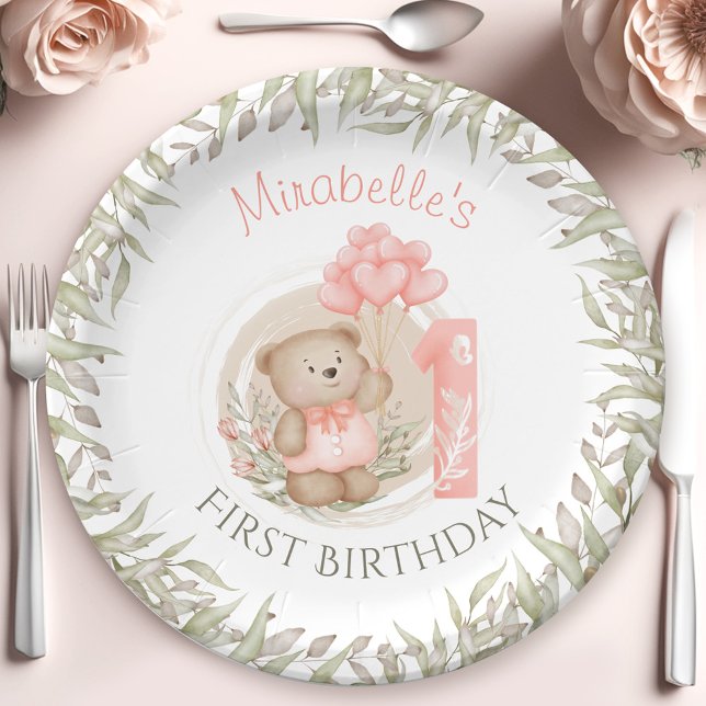 First Birthday Cute Teddy Bear Peach Paper Plate (First Birthday Cute Teddy Bear Peach Paper Plates)