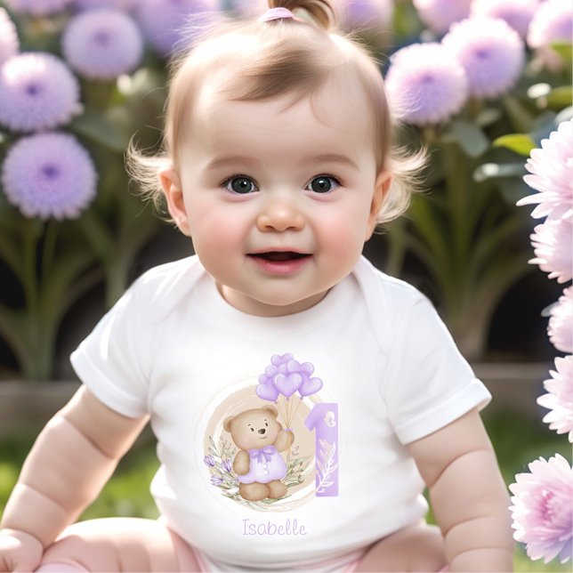First Birthday Cute Teddy Bear Purple Balloons Baby Bodysuit (1st Birthday Cute Purple Teddy Bear bodysuit)