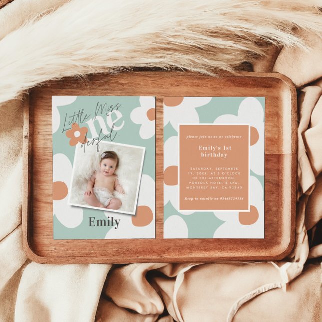 First birthday daisy boho photo turquoise orange invitation (Creator Uploaded)