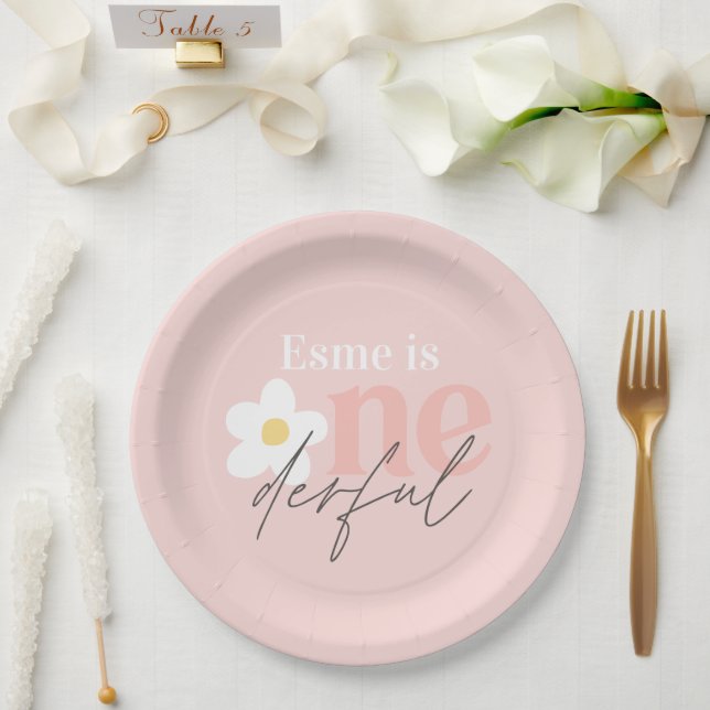 First birthday daisy boho retro girly pink paper plate (Wedding)