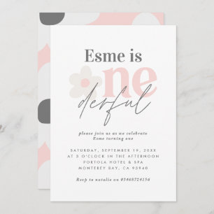 First birthday daisy boho retro pink girly cute in invitation