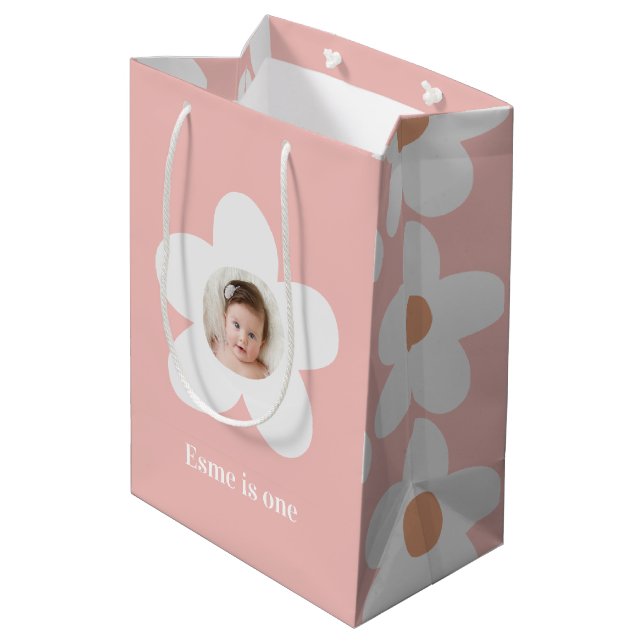 First birthday daisy boho retro pink medium gift bag (Back Angled)