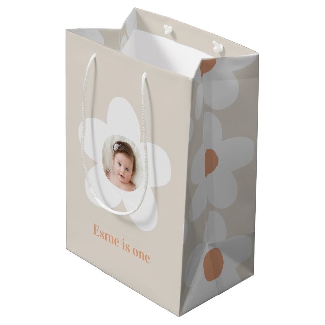 First birthday daisy boho retro terracotta natural medium gift bag (Back Angled)
