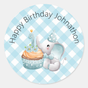 First Birthday Elephant Baby Boy Sticker Plaid