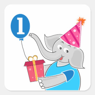 First Birthday Elephant with Balloon Square Sticker