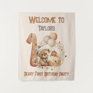 First Birthday Fall Bear Welcome Sign Tapestry