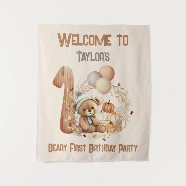 First Birthday Fall Bear Welcome Sign Tapestry (Front)