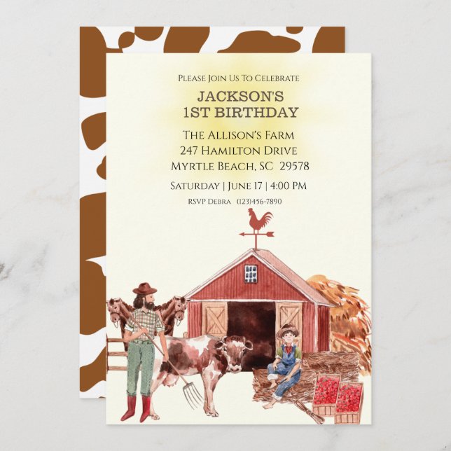 First Birthday Farm Barn Animals Invitations (Front/Back)