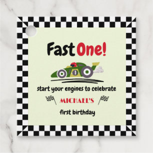 First Birthday Fast One Green Vintage Race Car Favour Tags