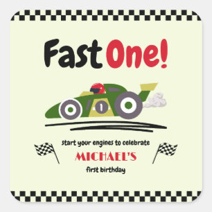 First Birthday Fast One Green Vintage Race Car Square Sticker
