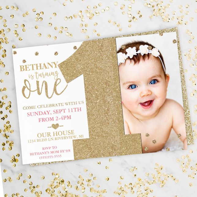 First Birthday Faux Gold Glitter & Pink Invitation (Creator Uploaded)