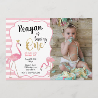 First Birthday Flamingo Photo Invitation