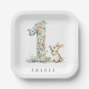 First Birthday Floral Bunny Paper Plate