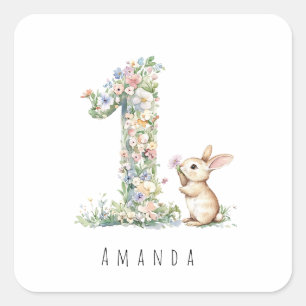 First Birthday Floral Bunny Square Sticker