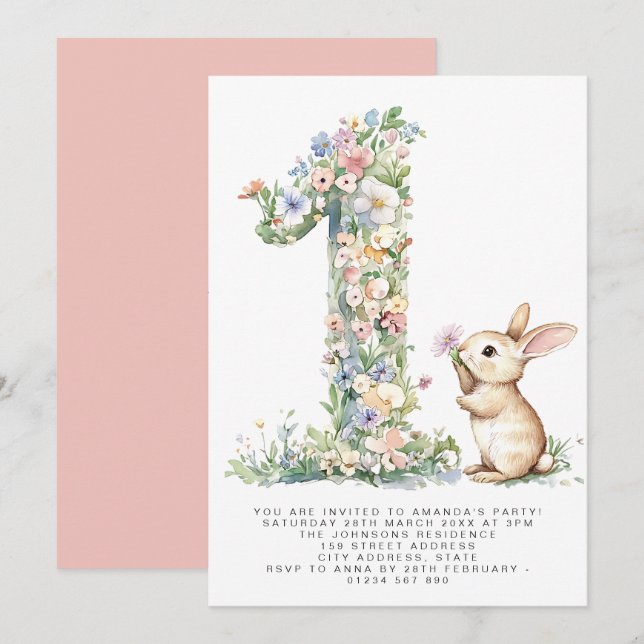 First Birthday Floral One & Bunny Invitation (Front/Back)