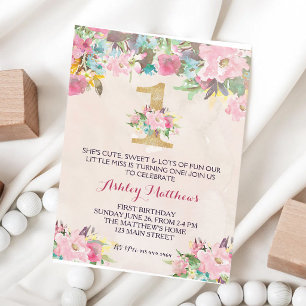 First Birthday Floral Watercolor Invitation