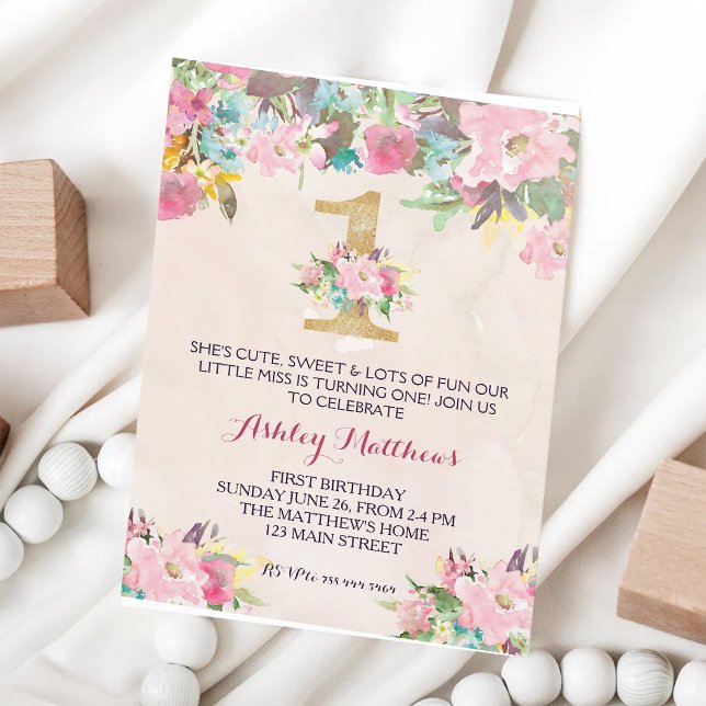 First Birthday Floral Watercolor Invitation (Creator Uploaded)