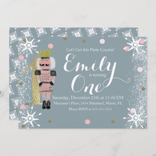 First Birthday Foil One Nutcracker Snowflakes Invitation (Front/Back)