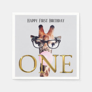 First Birthday Giraffe wearing glasses gum Napkin