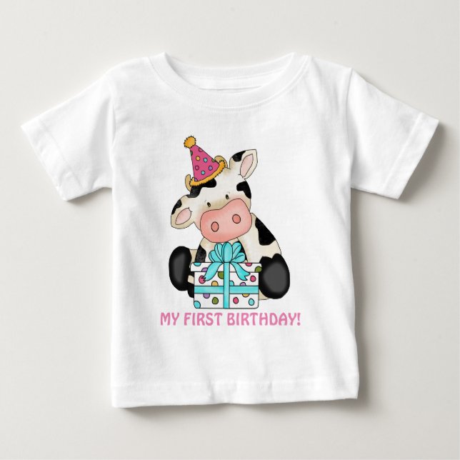 First Birthday girl cow baby t-shirt (Front)