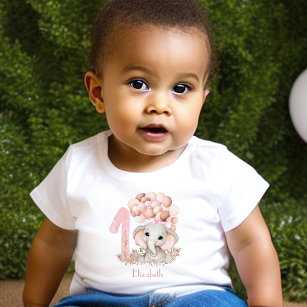 First Birthday Girl Cute Elephant Pink Baby T-Shirt