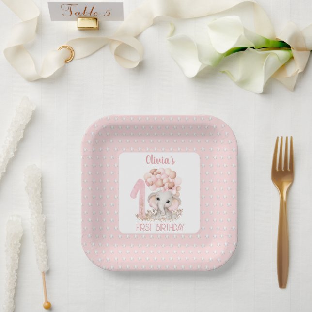 First Birthday Girl Elephant Pink Paper Plate (Wedding)