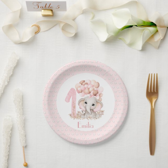 First Birthday Girl Elephant Pink Paper Plates (Wedding)