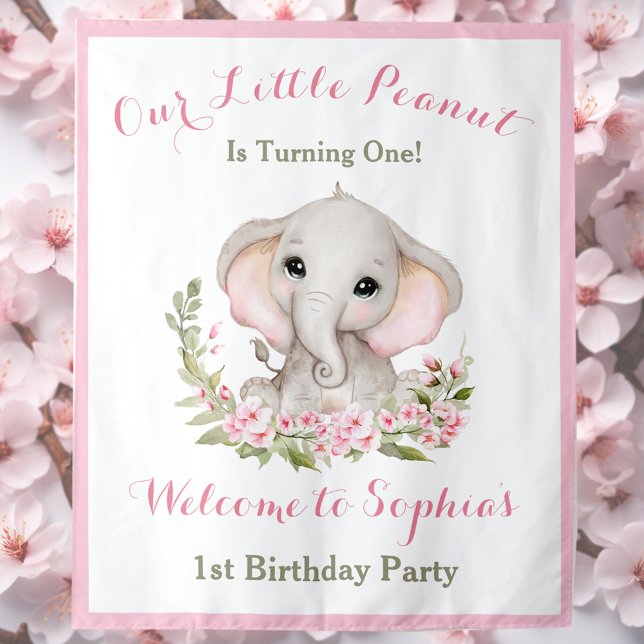 First Birthday Girl Elephant Welcome Sign Tapestry (First Birthday Girl Elephant Welcome Sign Tapestry)