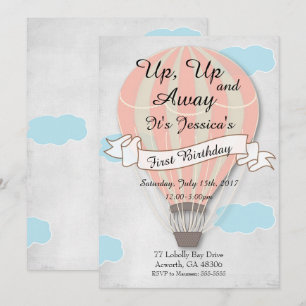 First Birthday Girl Hot Air Balloon Invitation
