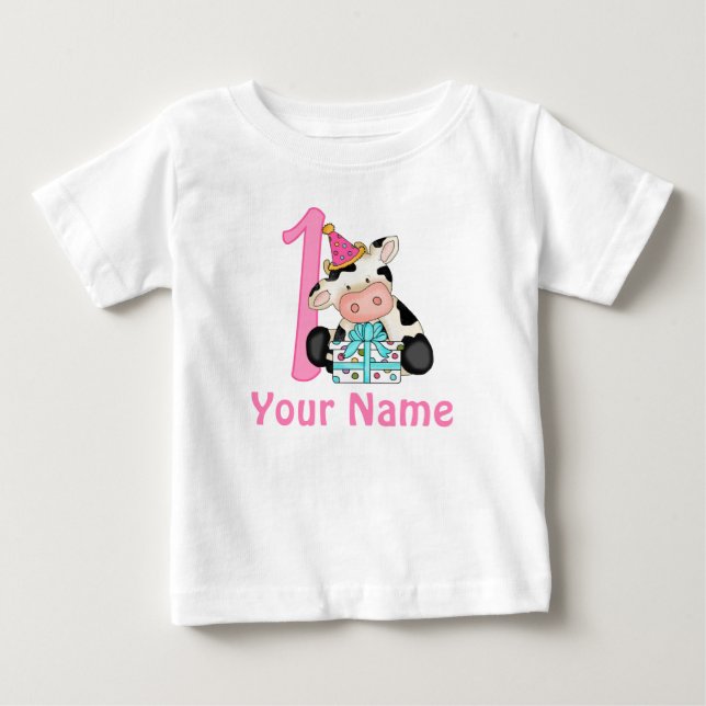 First Birthday Girl Pink Cow Baby T-Shirt (Front)