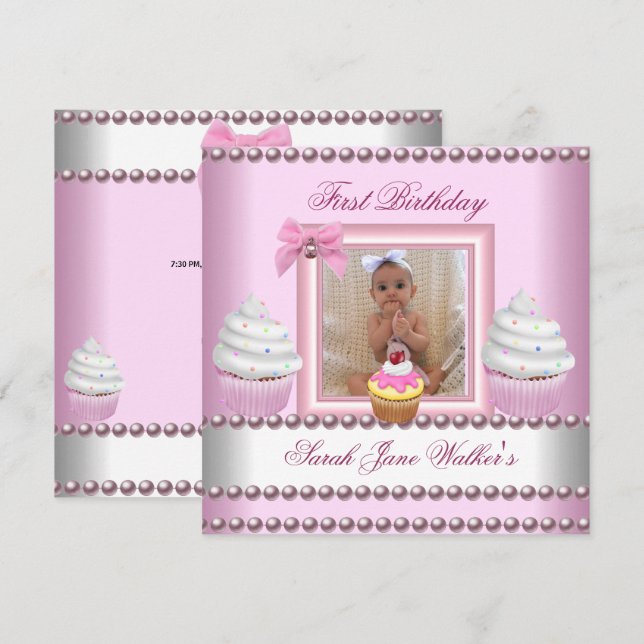 First Birthday Girl Pink Cupcakes White Pearl Baby Invitation (Front/Back)