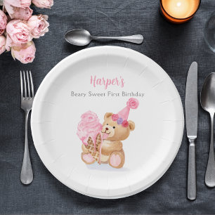 First Birthday Girl Teddy Bear Ice Cream Paper Plate